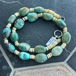 Natural Turquoise and Cream Bone Beaded Necklace 24” long.